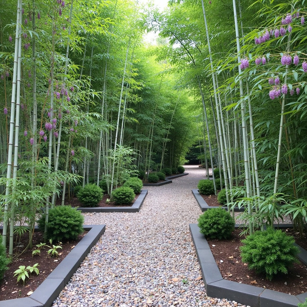 Walking path through gray bamboo garden