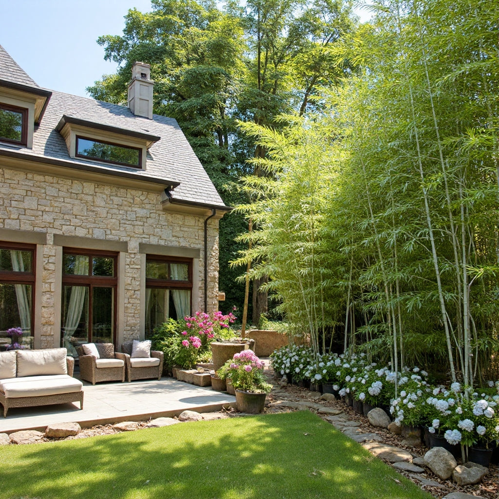 Gray bamboo providing privacy for a sitting area behind a house. There are beautiful flower arranged at the base of the bamboo.