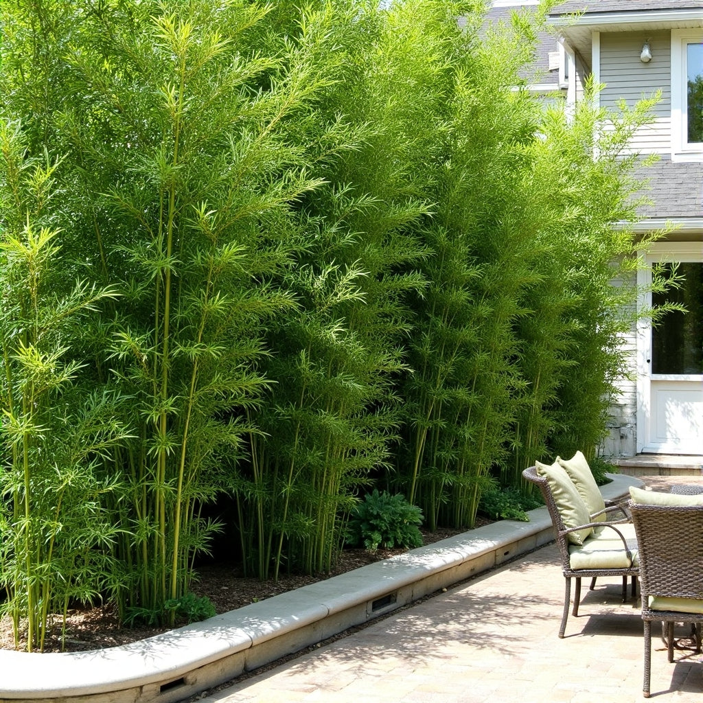 Large above grade privacy planter of Rubro (Red Margin) bamboo.